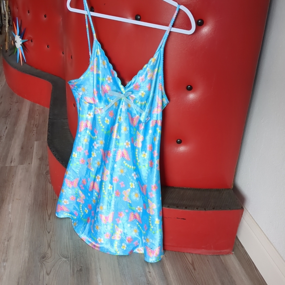 Y2K 90s SHINY SATIN Slip Dress Babydoll MOD FLORAL & BUTTERFLY Print Size Large